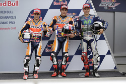 Marc Marquez, Repsol Honda Team, auteur de la pole position ; Dani Pedrosa, Repsol Honda Team, deuxième ; Jorge Lorenzo, Yamaha Factory Racing, troisième