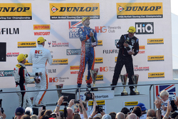 Podium: race winner Jack Goff, MG 888 Racing, second place Jason plato, Team BMR, third place Andy Priaulx, Team IHG Rewards Club