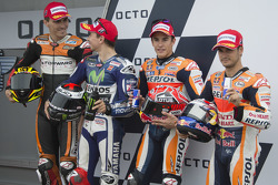 Qualifications : le poleman en catégorie Open Loris Baz, Forward Racing Yamaha, le troisième, Jorge Lorenzo, Yamaha Factory Racing, le poleman Marc Marquez et le deuxième, Dani Pedrosa, Repsol Honda Team