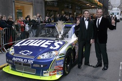 2007 NASCAR NEXTEL Cup Series champion Jimmie Johnson and Chad Knaus pose next to the No. 48 Lowe's Chevrolet on Park Avenue outside the Waldorf=Astoria