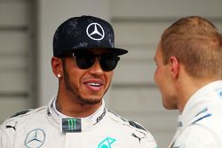 Lewis Hamilton, Mercedes AMG F1 with Valtteri Bottas, Williams in parc ferme