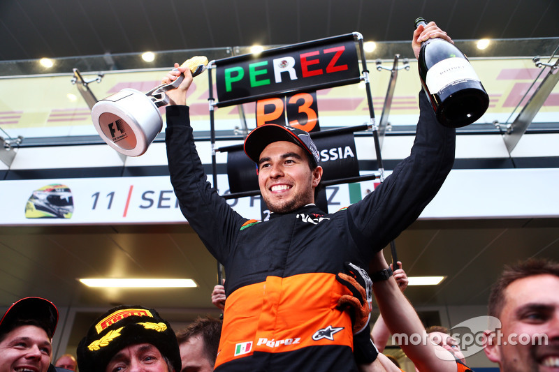 Sergio Perez, Sahara Force India F1 celebrates his third position with the team