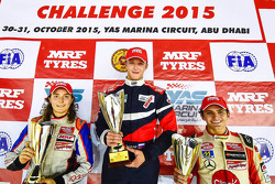 Ganador de la carrera, Nikita Troitskiy, segundo lugar, Tatiana Calderón, tercero, Pietro Fittipaldi