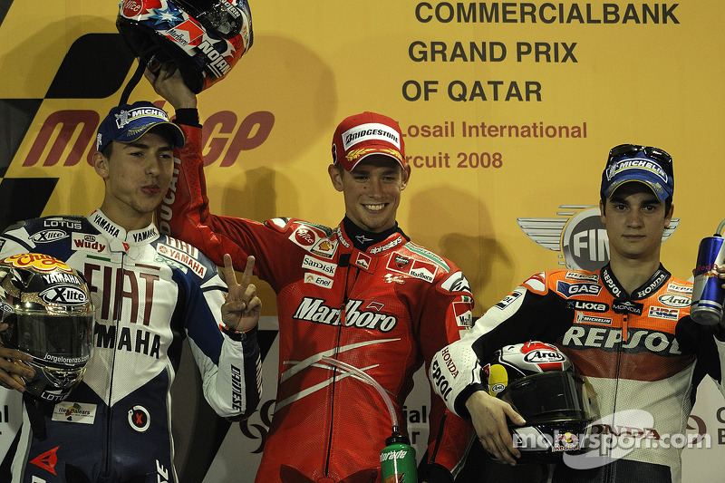 Podium : Casey Stoner, vainqueur, avec Jorge Lorenzo et Dani Pedrosa