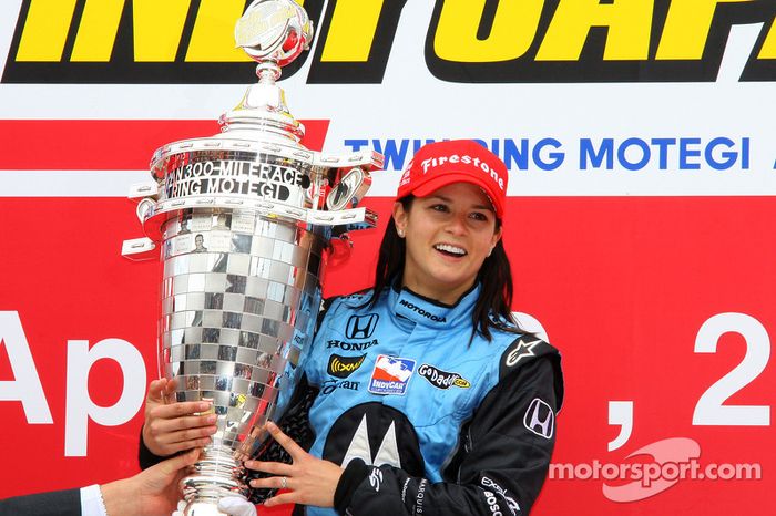 Podium: race winner Danica Patrick celebrates