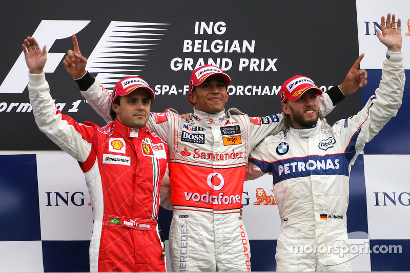 Podium: race winner Lewis Hamilton, second place Felipe Massa, third place Nick Heidfeld