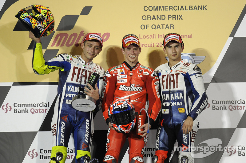 Podium: race winner Casey Stoner, Ducati Marlboro Team, second place Valentino Rossi, Fiat Yamaha Team, third place Jorge Lorenzo, Fiat Yamaha Team