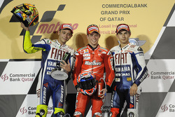 Podium: Sieger Casey Stoner mit Valentino Rossi und Jorge Lorenzo